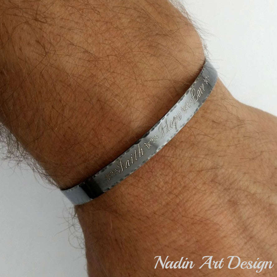 Personalized Black Sterling Silver Bracelet for Men - Adjustable Engravable Cuff