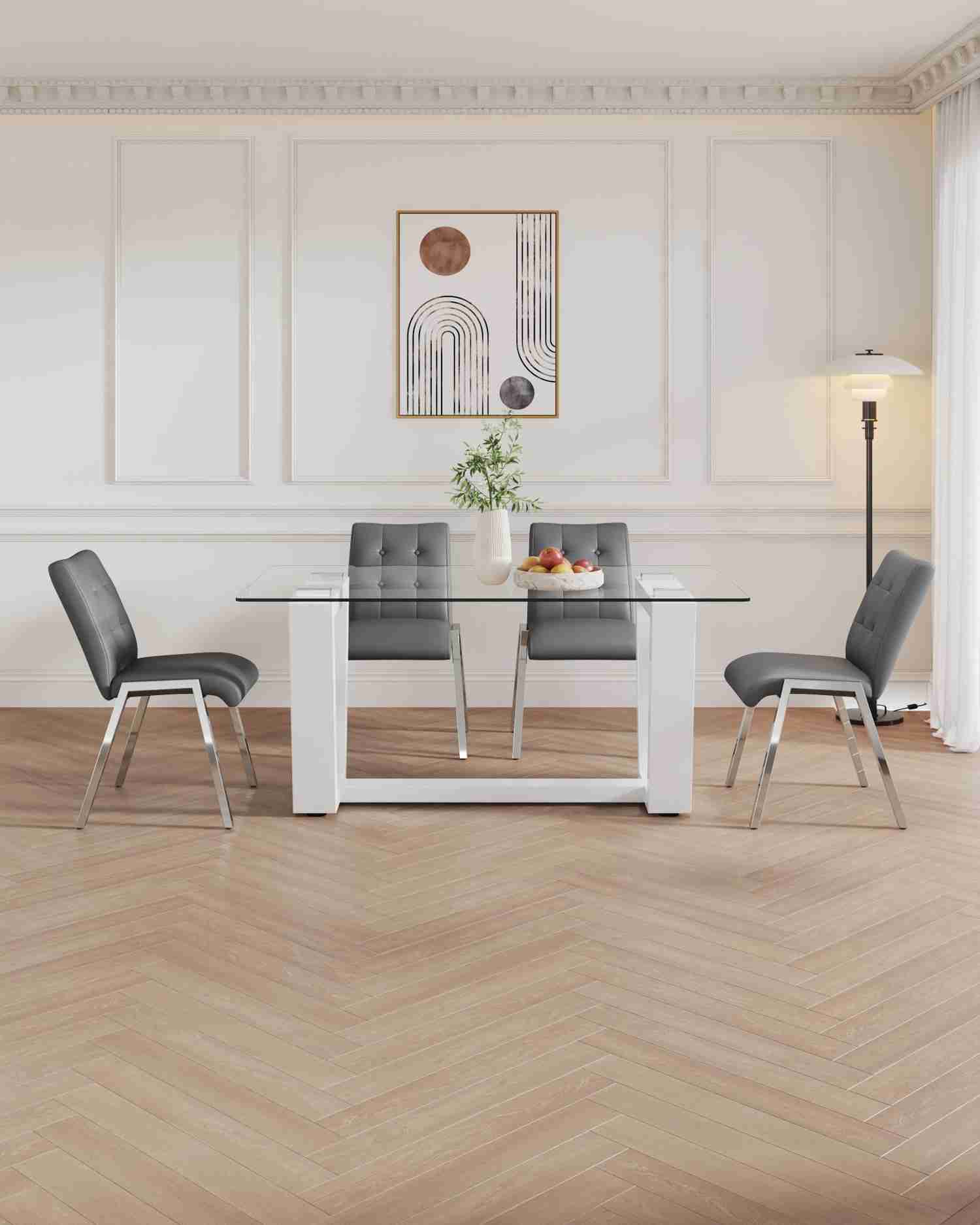 Modern Glass Dining Table Set with 4 Lattice High Back Chairs