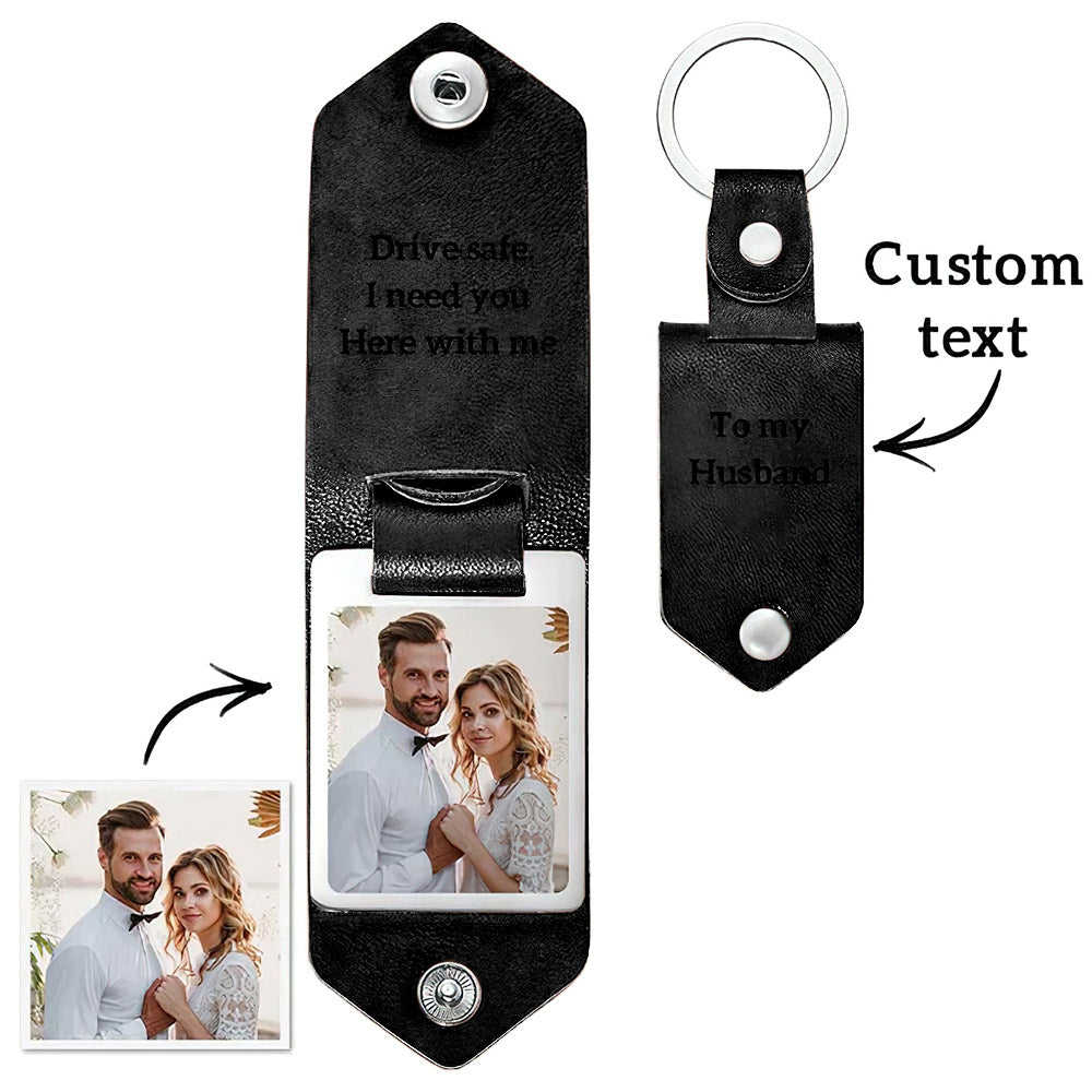 Custom Engraved Leather Photo Keychain - Personalized Anniversary & Gift Keychain