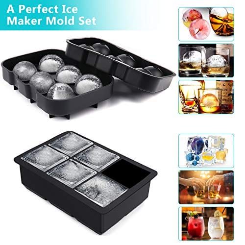 Large Ice Cube Trays Ice Ball Maker with Lids Combo (Set of 2) - Silicone Sphere & Square Flexible Ice Molds for Cocktails, Whiskey, Juice & Drinks - Reusable & BPA Free