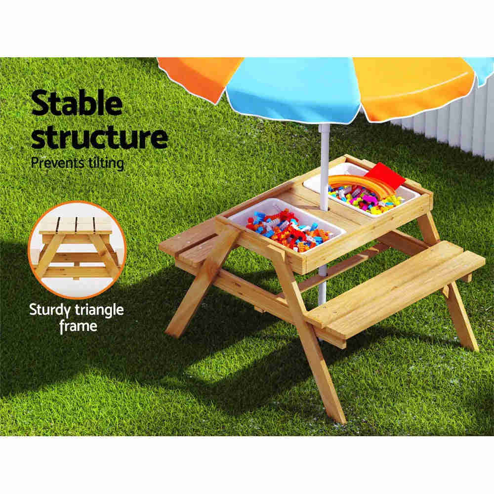 Keezi Kids Outdoor Table and Chairs Picnic Bench Set with Umbrella and Water Sand Pit Box
