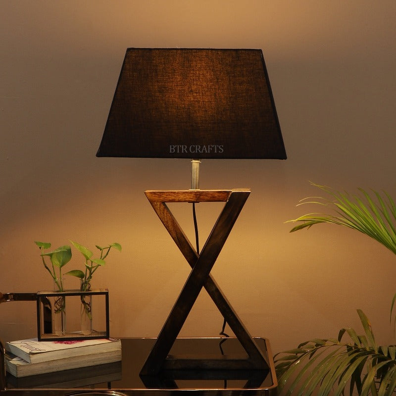 BTR CRAFTS Natural Wooden Cross Table Lamp with Fabric Shade