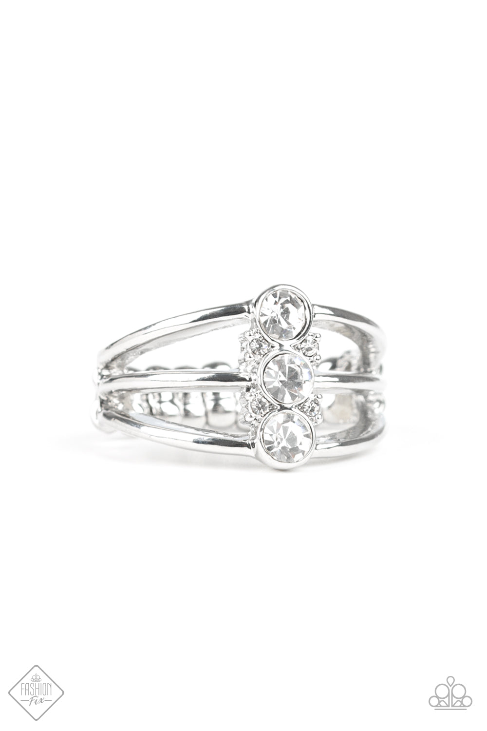 Paparazzi Triple Crown Winner - White Rhinestone Ring - Trend Blend Fashion Fix Exclusive June 2019
