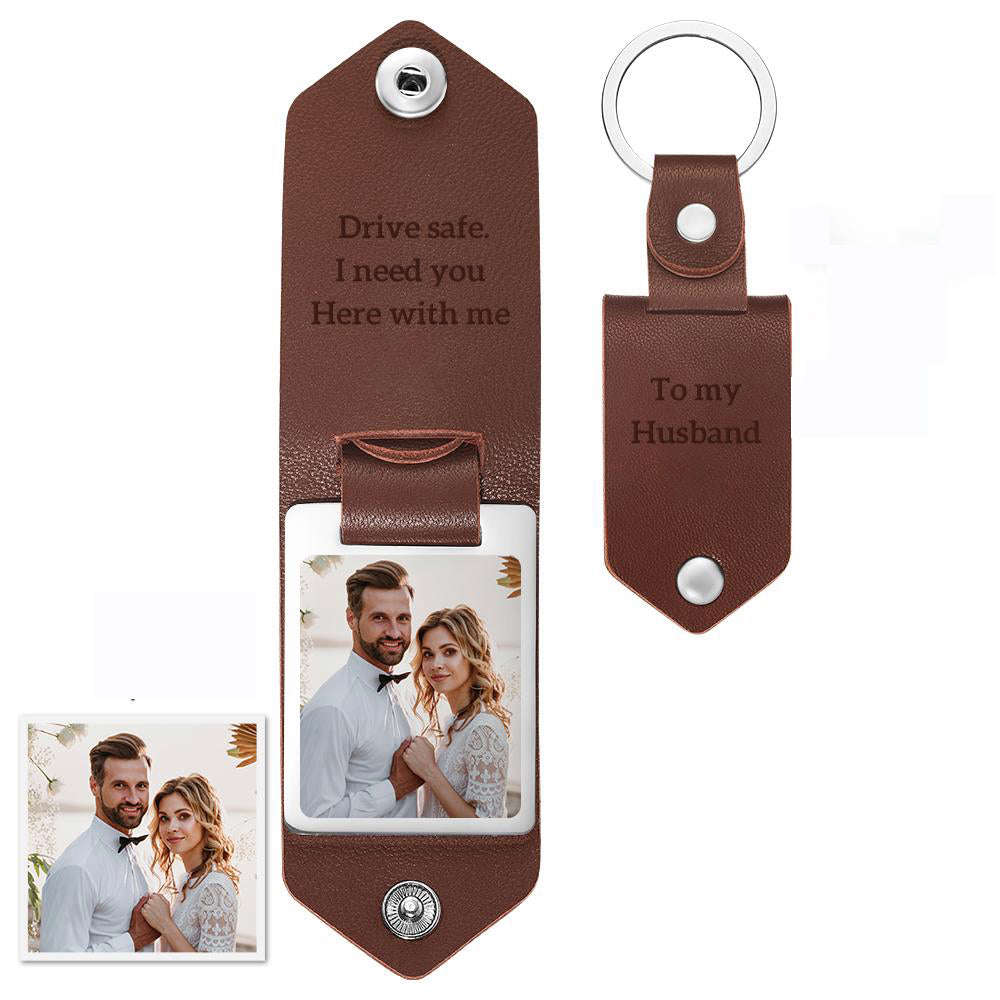 Custom Engraved Leather Photo Keychain - Personalized Anniversary & Gift Keychain