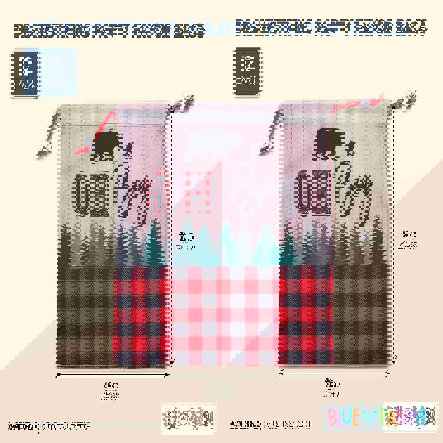 12 Pack Lumberjack Buffalo Plaid Drawstring Gift Bags for Boys Baby Shower & Kids Birthday Party Favors