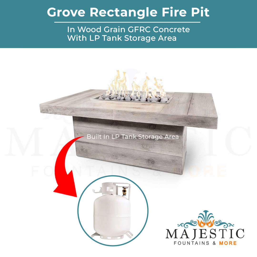 The Outdoor Plus Grove Rectangle Fire Pit in Wood Grain Concrete with Free Cover