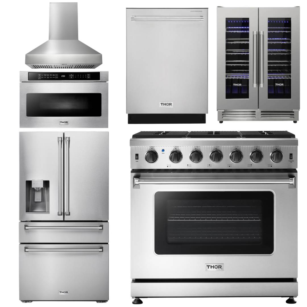 Thor Kitchen Package - 36 Inch Propane Gas Range with Range Hood, Microwave Drawer, Refrigerator, Dishwasher, and Wine Cooler