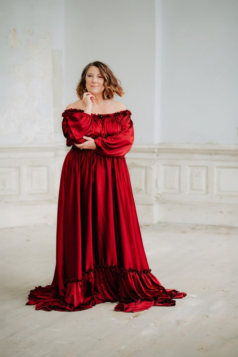 Eve Satin Boho Maternity Dress in Wine Red - One Size Fits All (4-22)