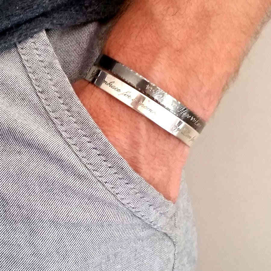 Personalized Black Sterling Silver Bracelet for Men - Adjustable Engravable Cuff