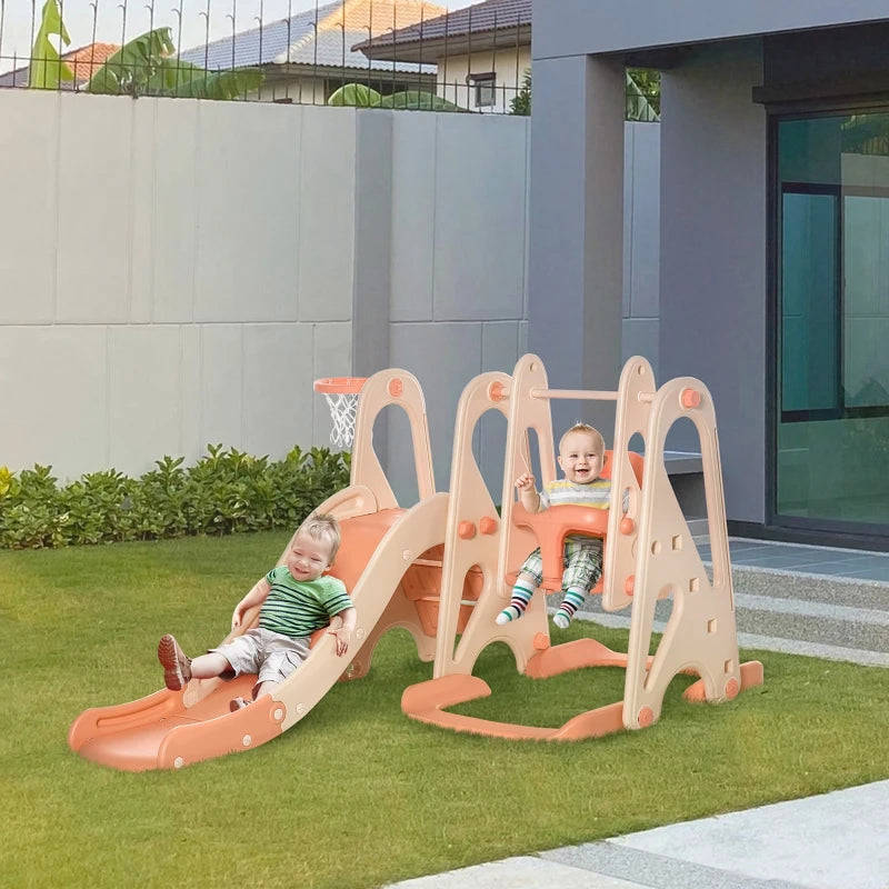 Qaba 3 in 1 Kids Swing and Slide Set with Basketball Hoop - Indoor/Outdoor Playground Activity Center (Pink)