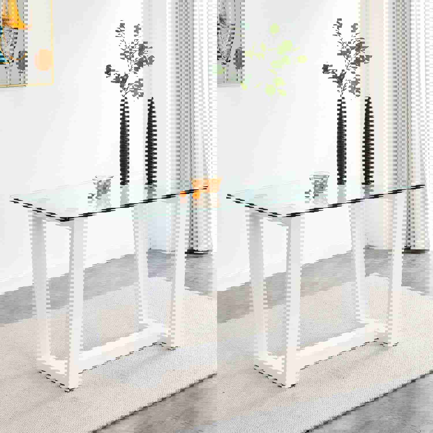 Modern Glass Dining Table Set with 4 Lattice High Back Chairs