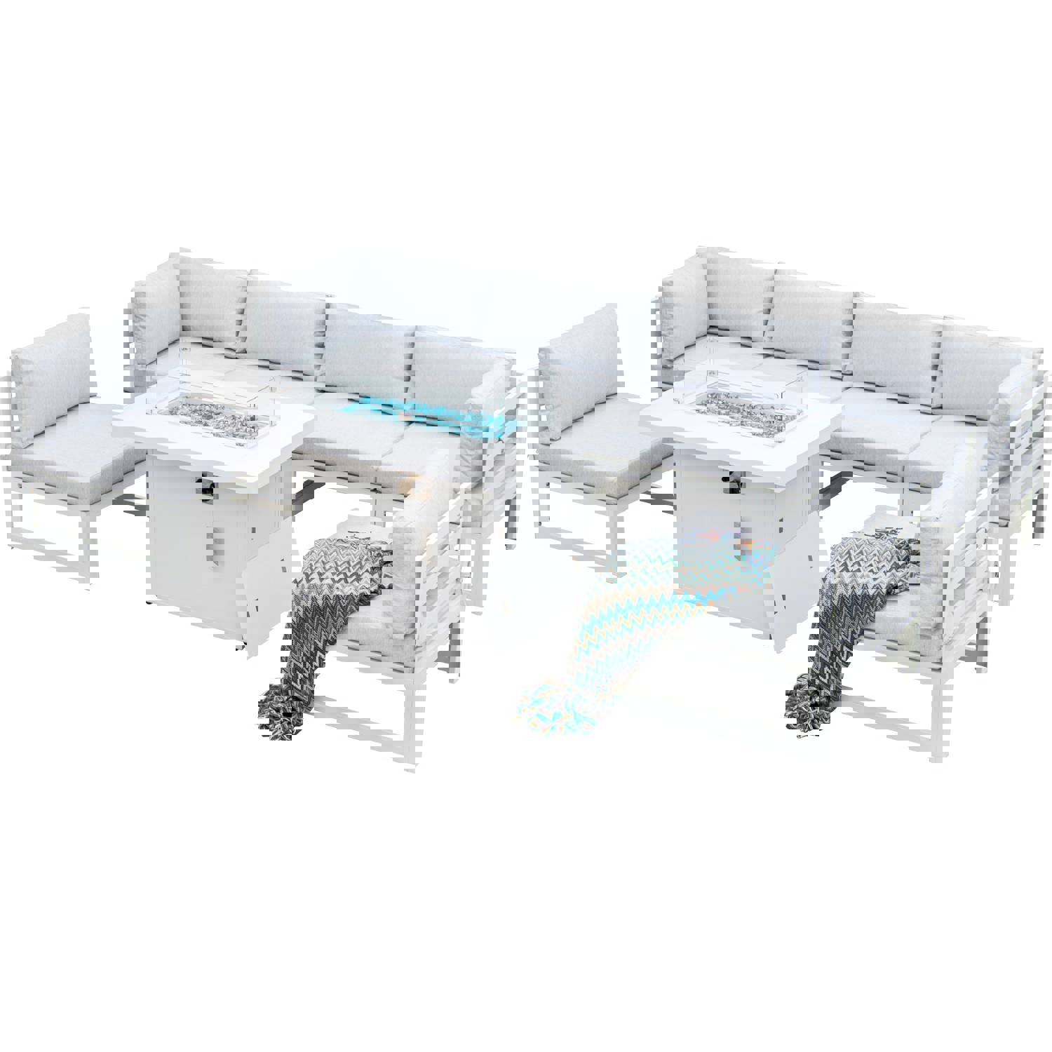 La Jolla White Outdoor Aluminum Sectional Sofa with Fire Pit - 6 Seat