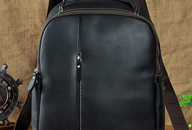 Genuine Leather Men's Cool Black Backpack for School, Travel, and Hiking
