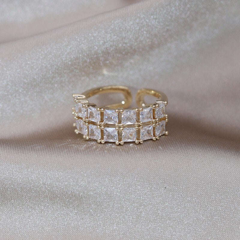 14K Gold Plated Double Layer Zircon Square Ring for Women