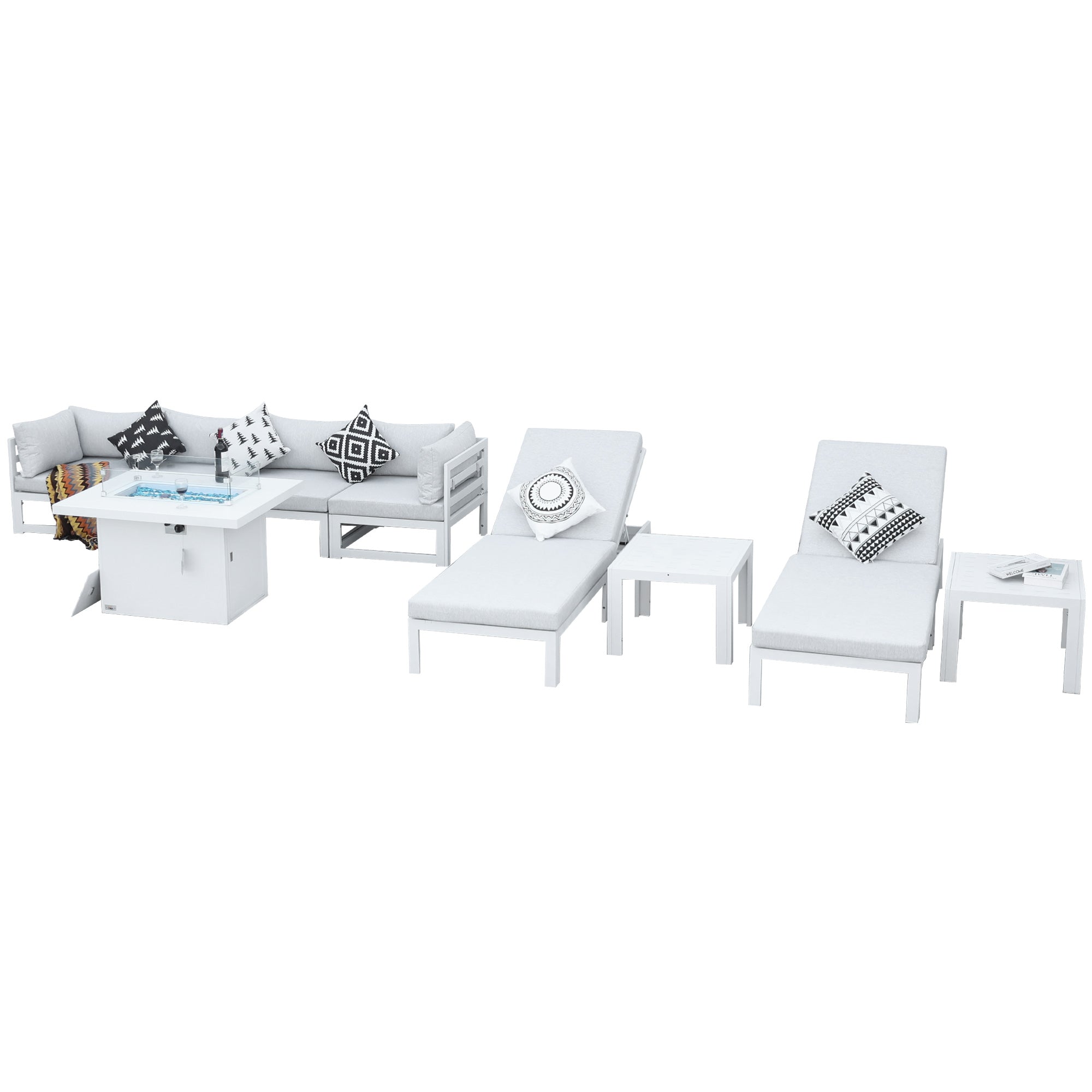La Jolla White Outdoor Aluminum Sectional Sofa with Fire Pit - 6 Seat