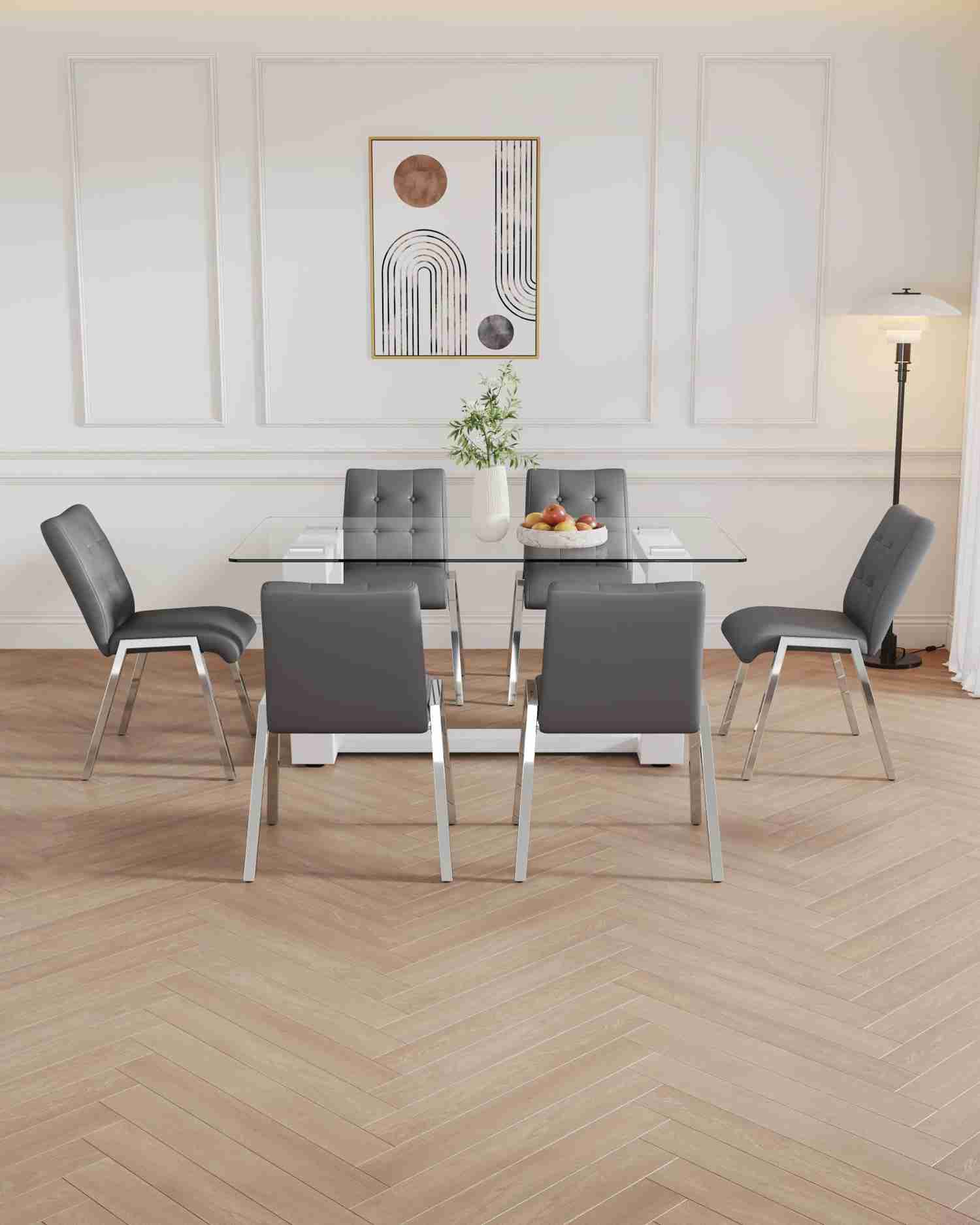 Modern Glass Dining Table Set with 4 Lattice High Back Chairs