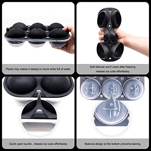 Trenect Large Silicone Ice Cube Trays with Lid - 2.5 Inch Round Ice Balls for Whiskey & Cocktails