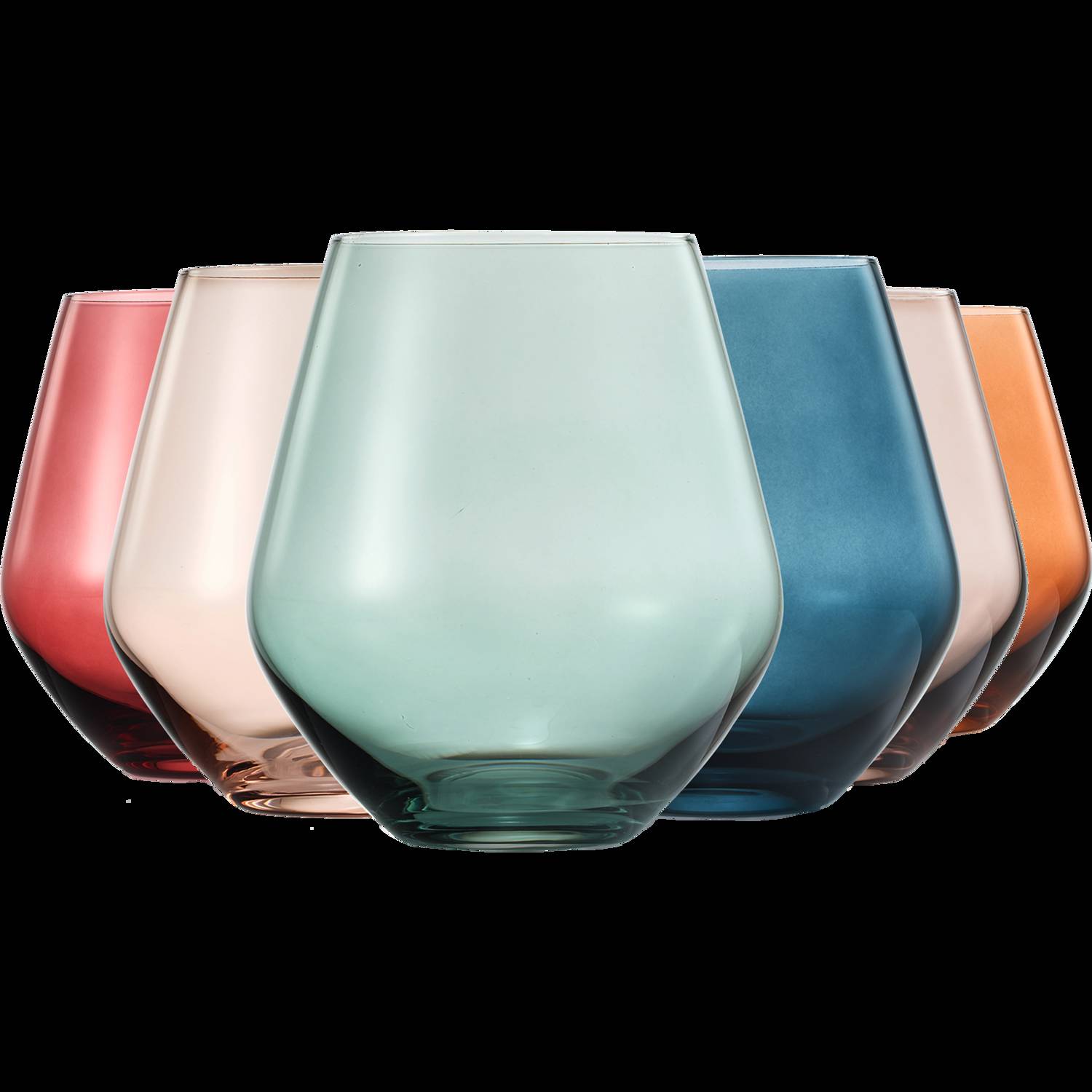 Colored Stemless Crystal Wine Glass Set of 6 - Italian Style, 16 oz, Pastel