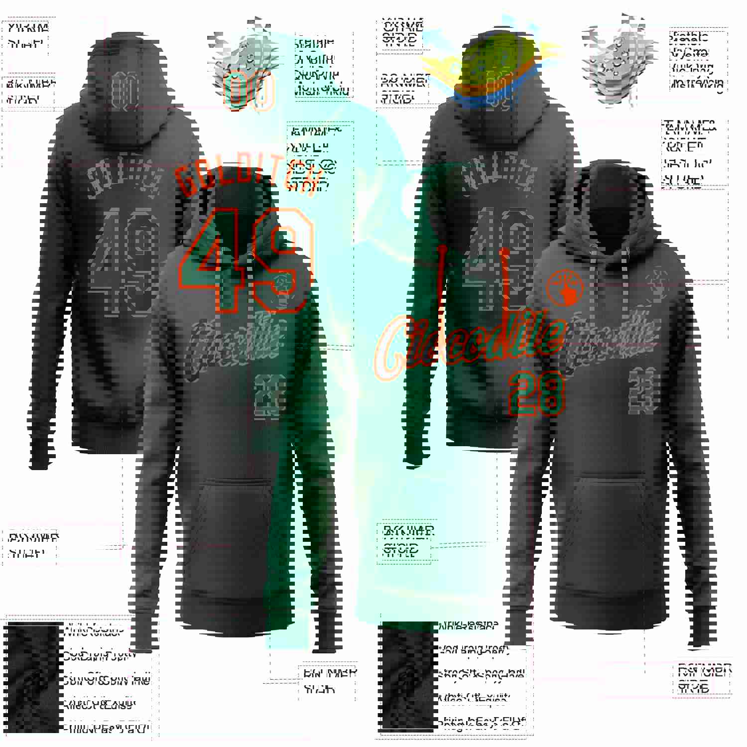 Custom Stitched Black Kelly Green-Orange Gradient Fashion Sports Pullover Sweatshirt Hoodie