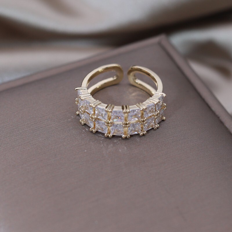 14K Gold Plated Double Layer Zircon Square Ring for Women