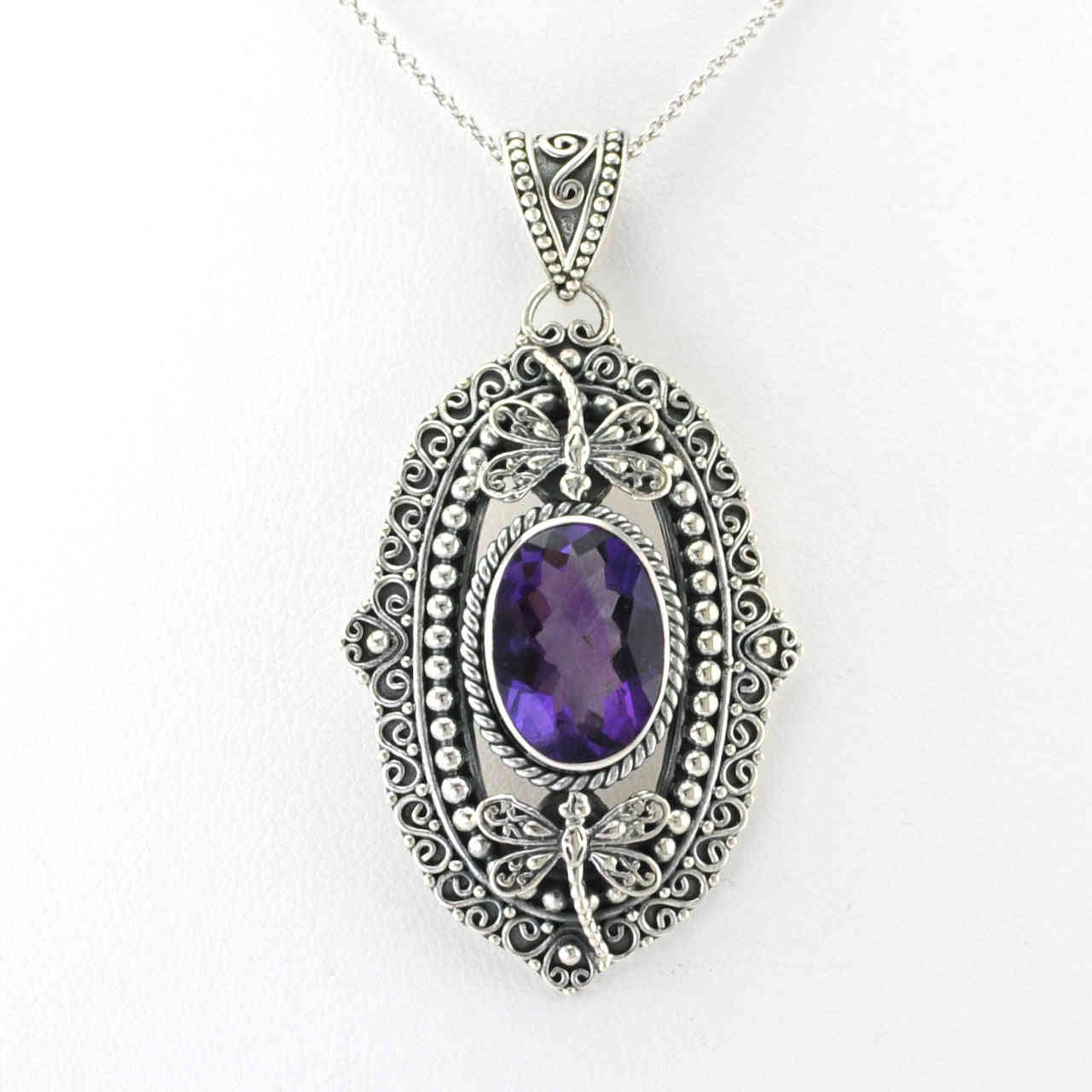 Sterling Silver Amethyst Oval Dragonfly Pendant