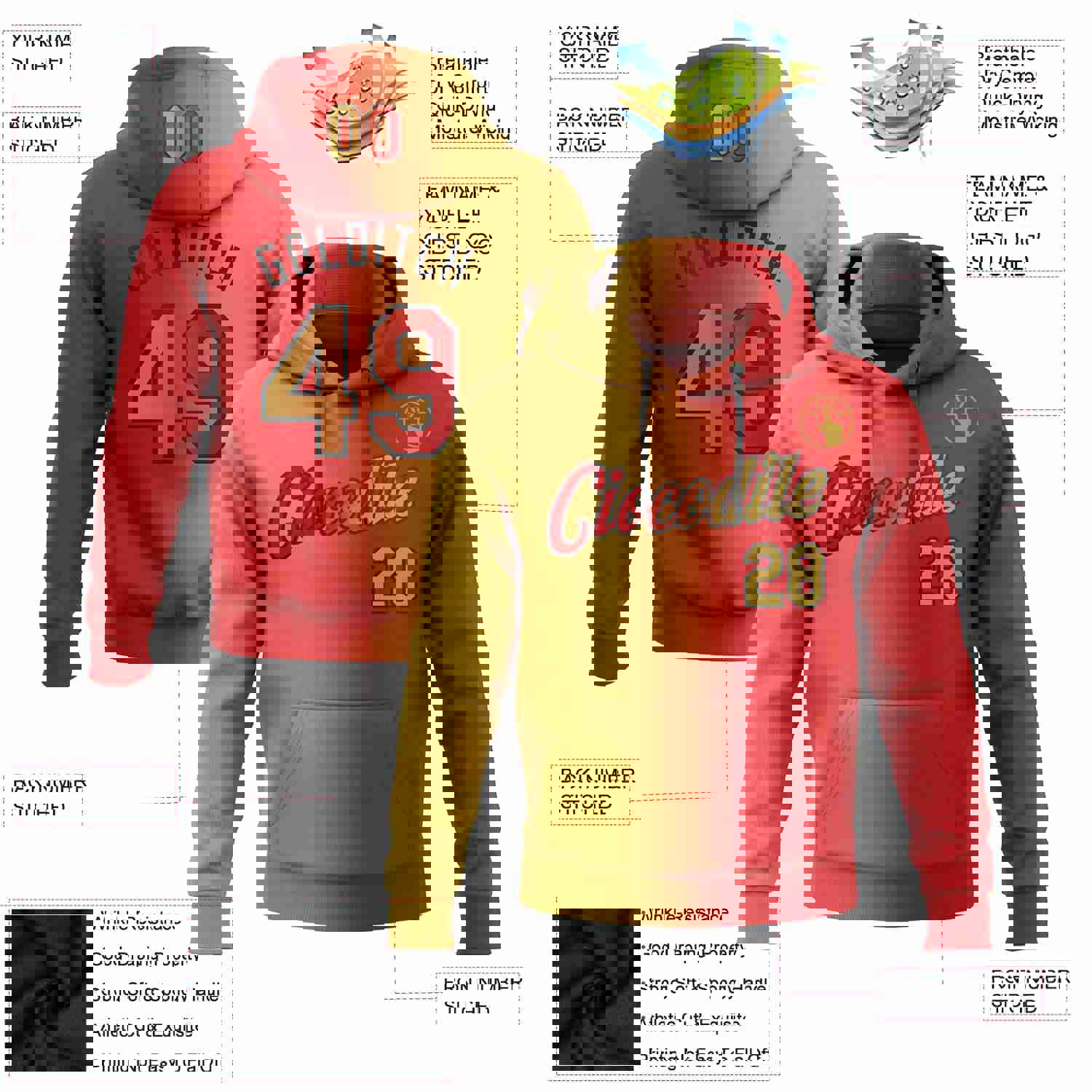Custom Stitched Red Old Gold-Black Gradient Fashion Sports Pullover Sweatshirt Hoodie