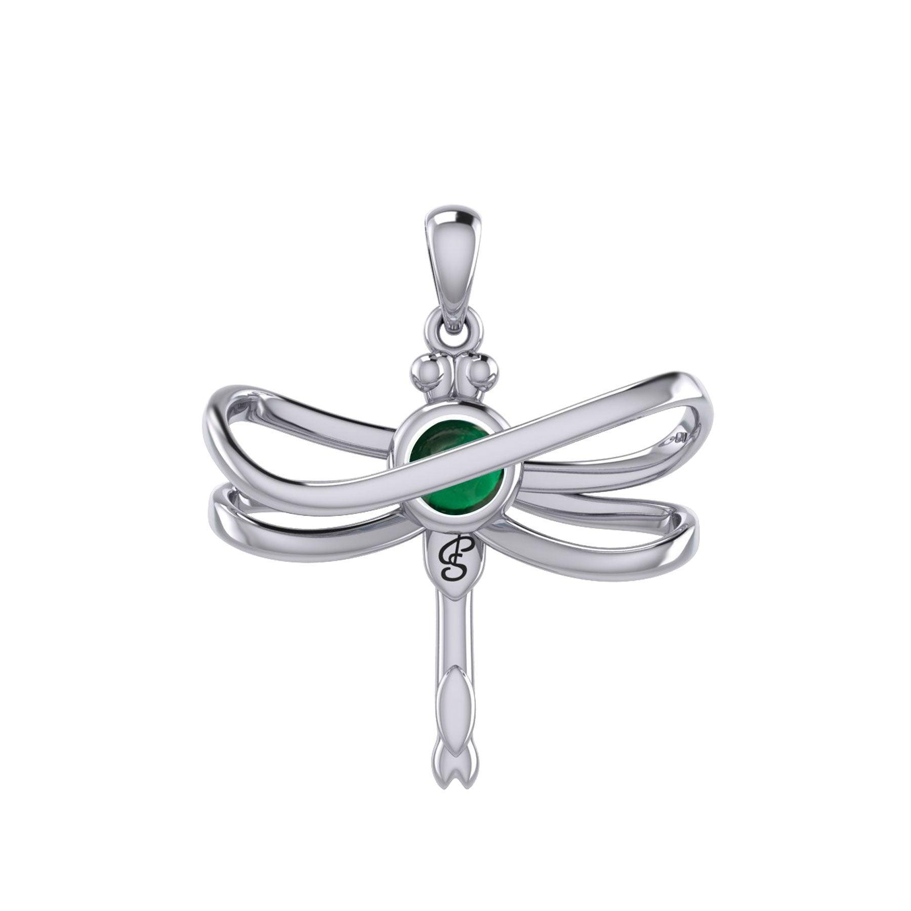 Ethereal Dragonfly Sterling Silver Pendant with Spiritual Gemstone by Peter Stone Jewelry