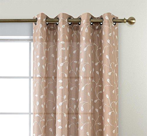 Floral Embroidery Semi Sheer Faux Linen Grommet Window Curtains - Taupe (52 x 95 Inch, 2 Panels)