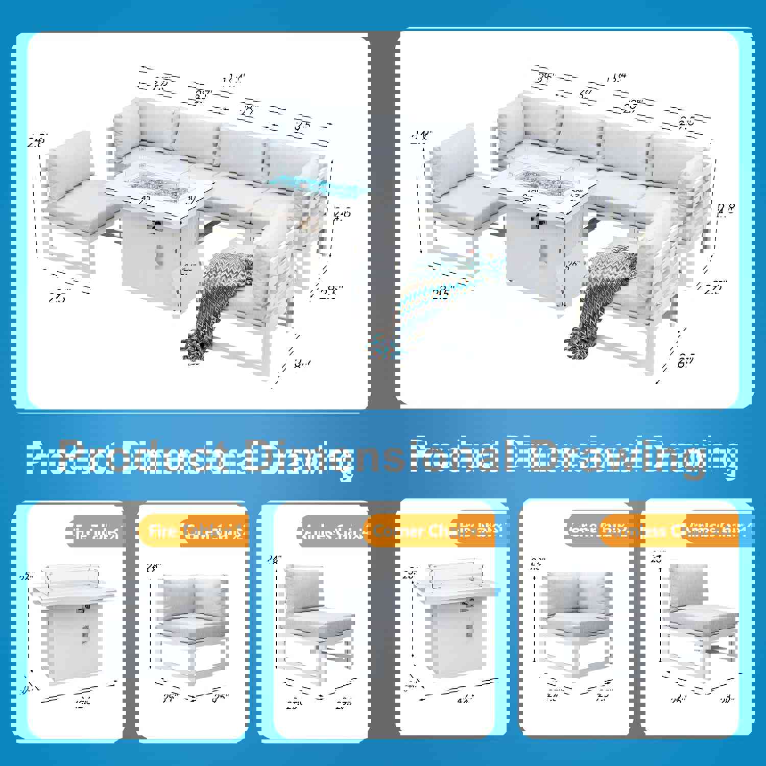 La Jolla White Outdoor Aluminum Sectional Sofa with Fire Pit - 6 Seat