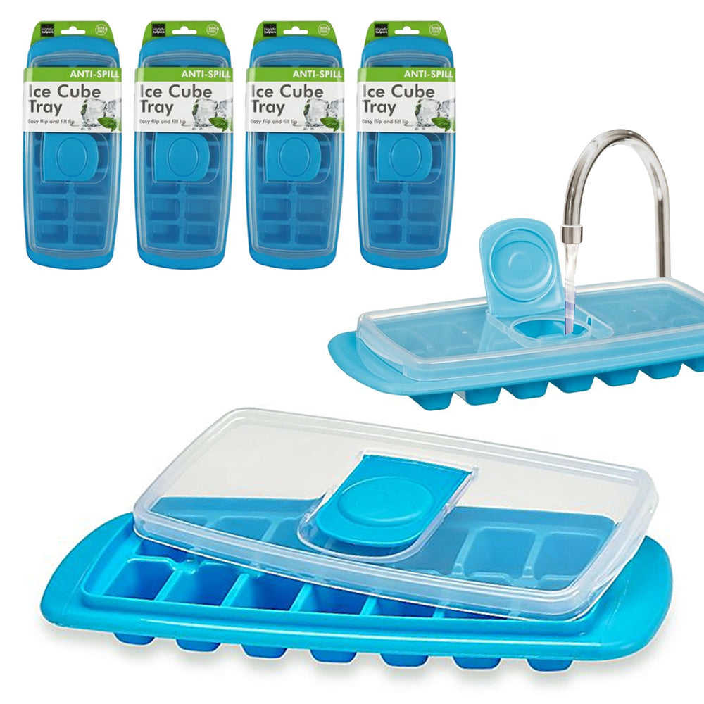 4 Ice Cube Tray with Flip Cover - No-Spill Reusable Freezer Mold Maker, BPA Free