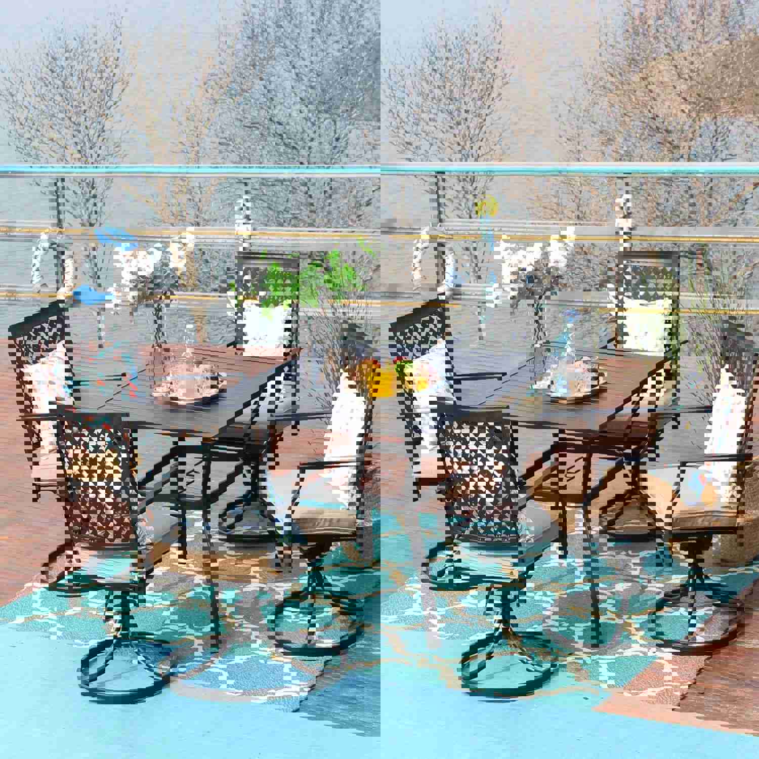 5-Piece Outdoor Dining Set with 4 Cushioned Swivel Chairs and Square Table