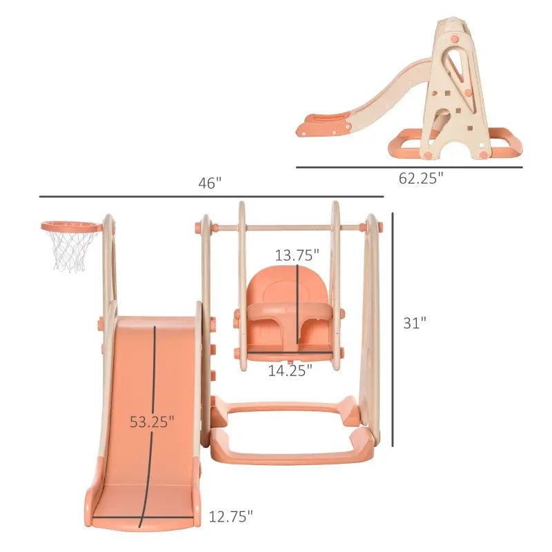 Qaba 3 in 1 Kids Swing and Slide Set with Basketball Hoop - Indoor/Outdoor Playground Activity Center (Pink)