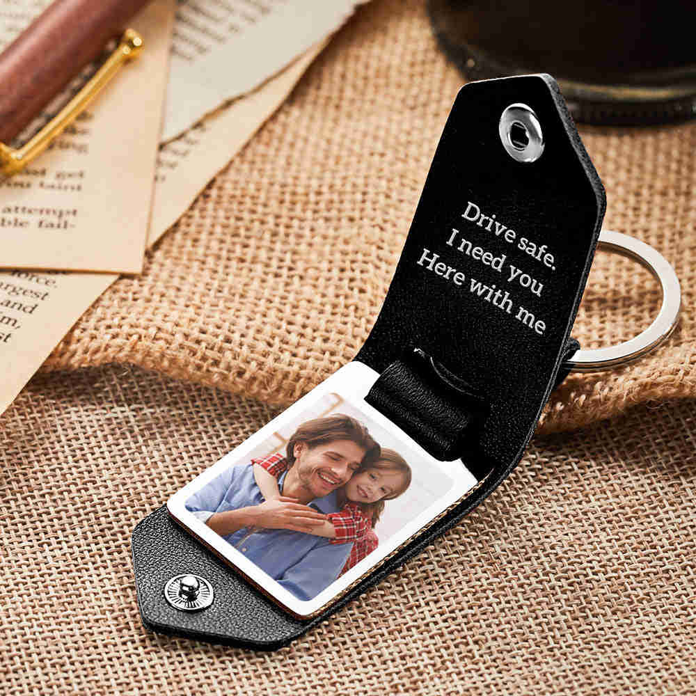 Custom Engraved Leather Photo Keychain - Personalized Anniversary & Gift Keychain