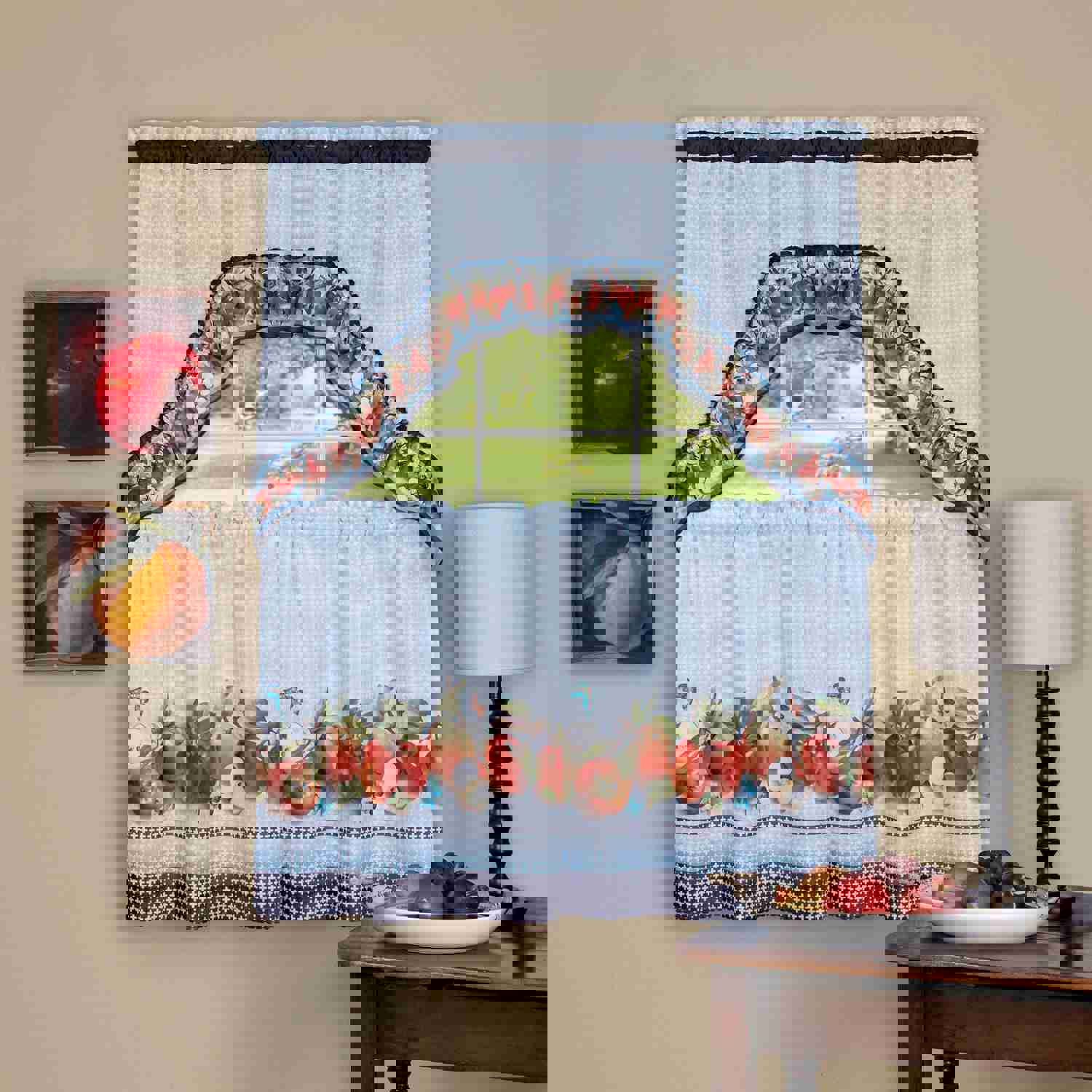 Golden Delicious Printed Tier and Swag Kitchen Curtain Set, 57x24 Inches, Ice Blue