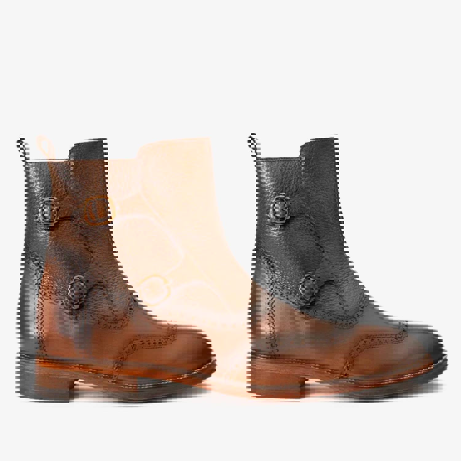 Rand Brown Leather Double Buckle Brogue Men Boot with Zipper