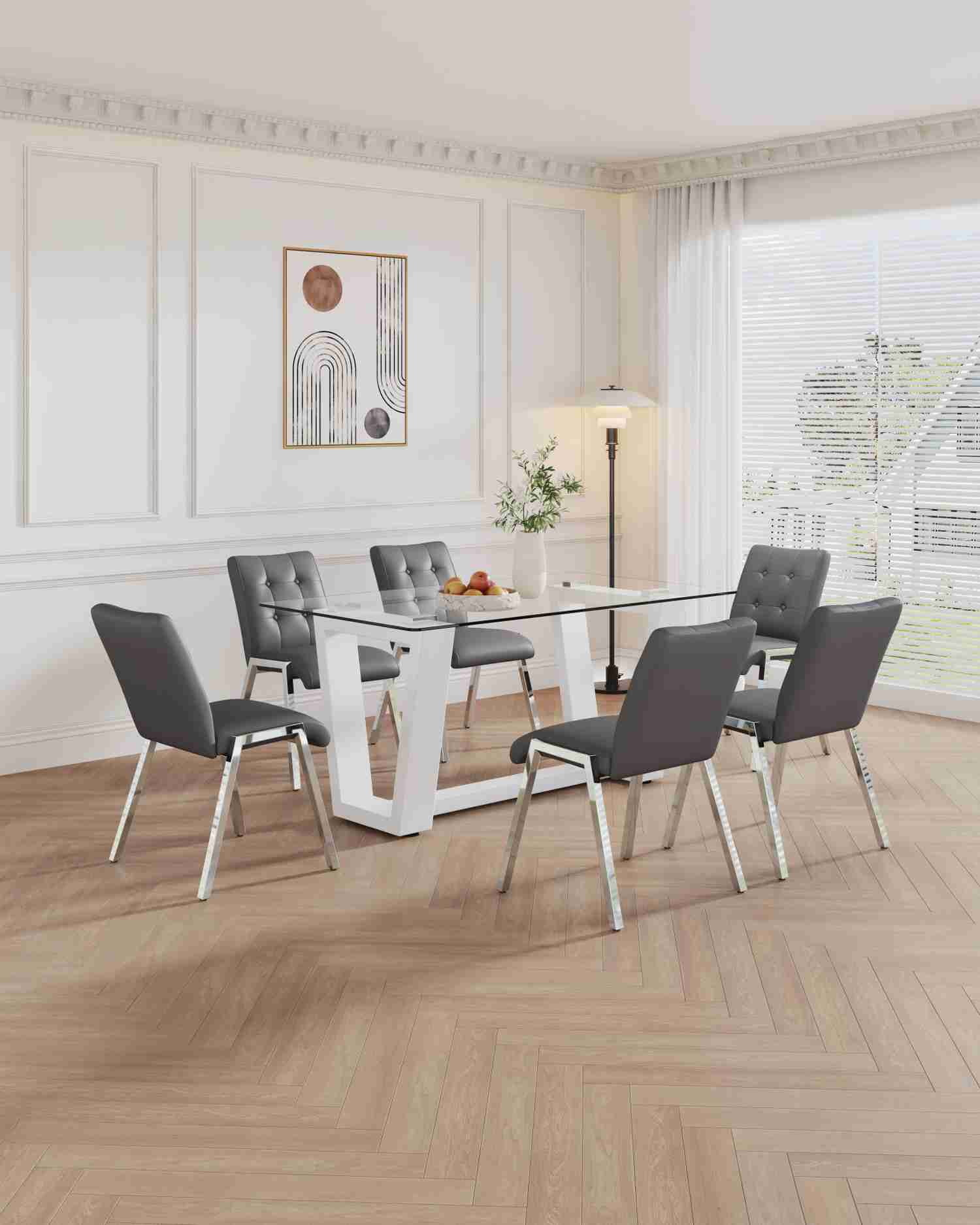 Modern Glass Dining Table Set with 4 Lattice High Back Chairs