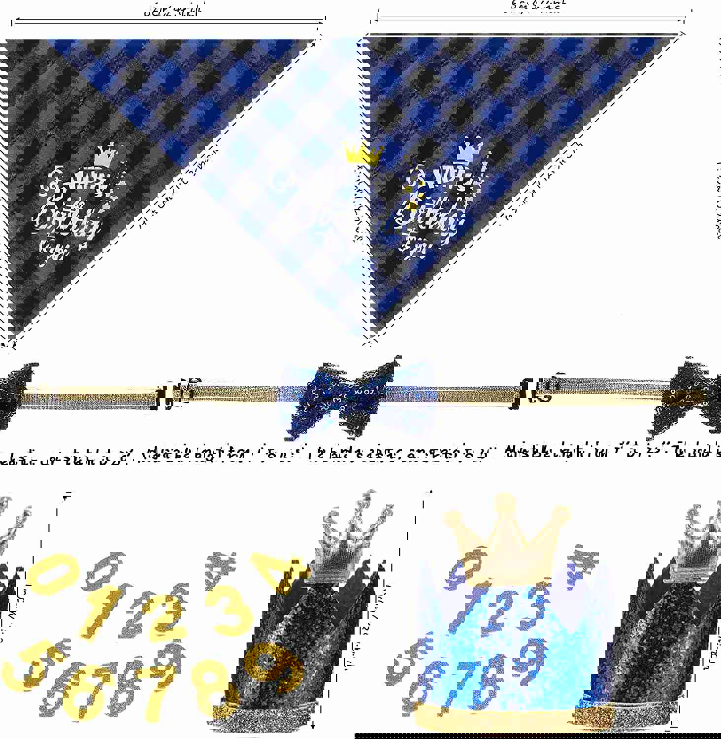 Dog Birthday Party Accessories Set - Bandana, Crown Hat, Bow Tie with 0-9 Figures for Small to Medium Pets (Blue)