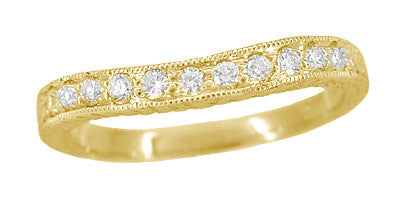 Art Deco Curved Engraved Wheat Diamond Wedding Band in 18K Yellow Gold