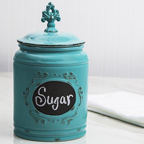 Ceramic Aqua Canister Kitchen Jar Set with Medallion Finial Lid