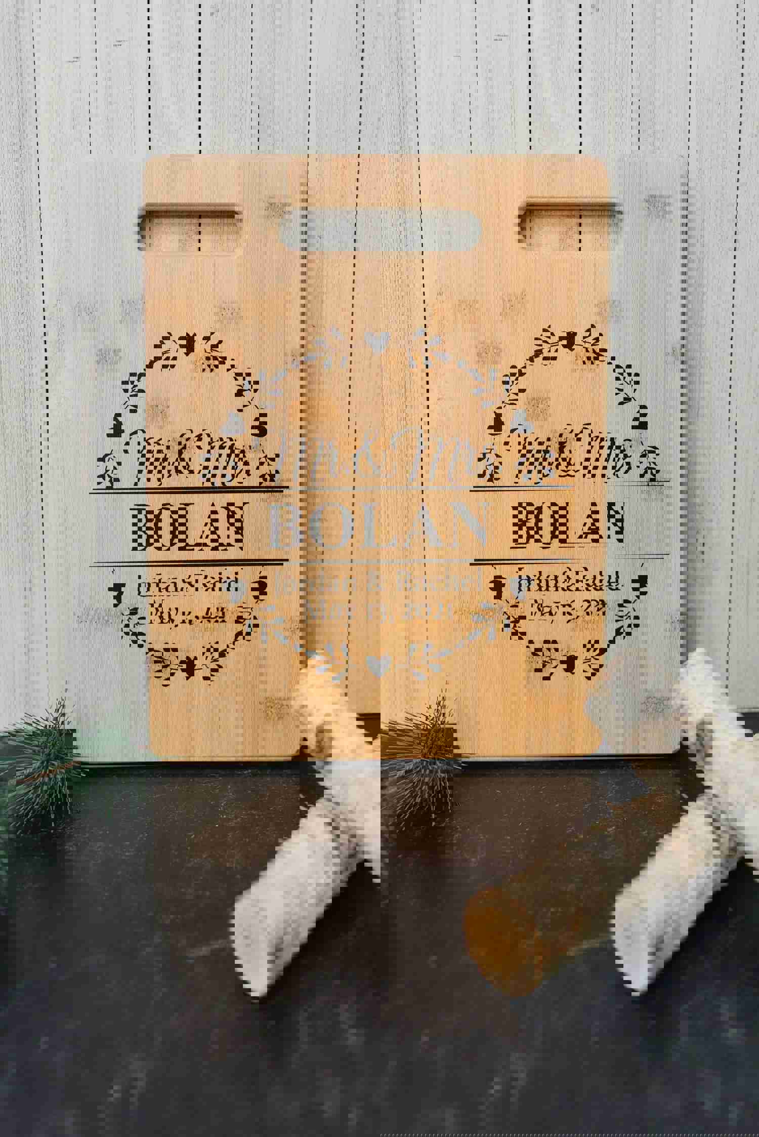 Personalized Wedding Gift Bamboo Cutting Board with Custom Names and Date