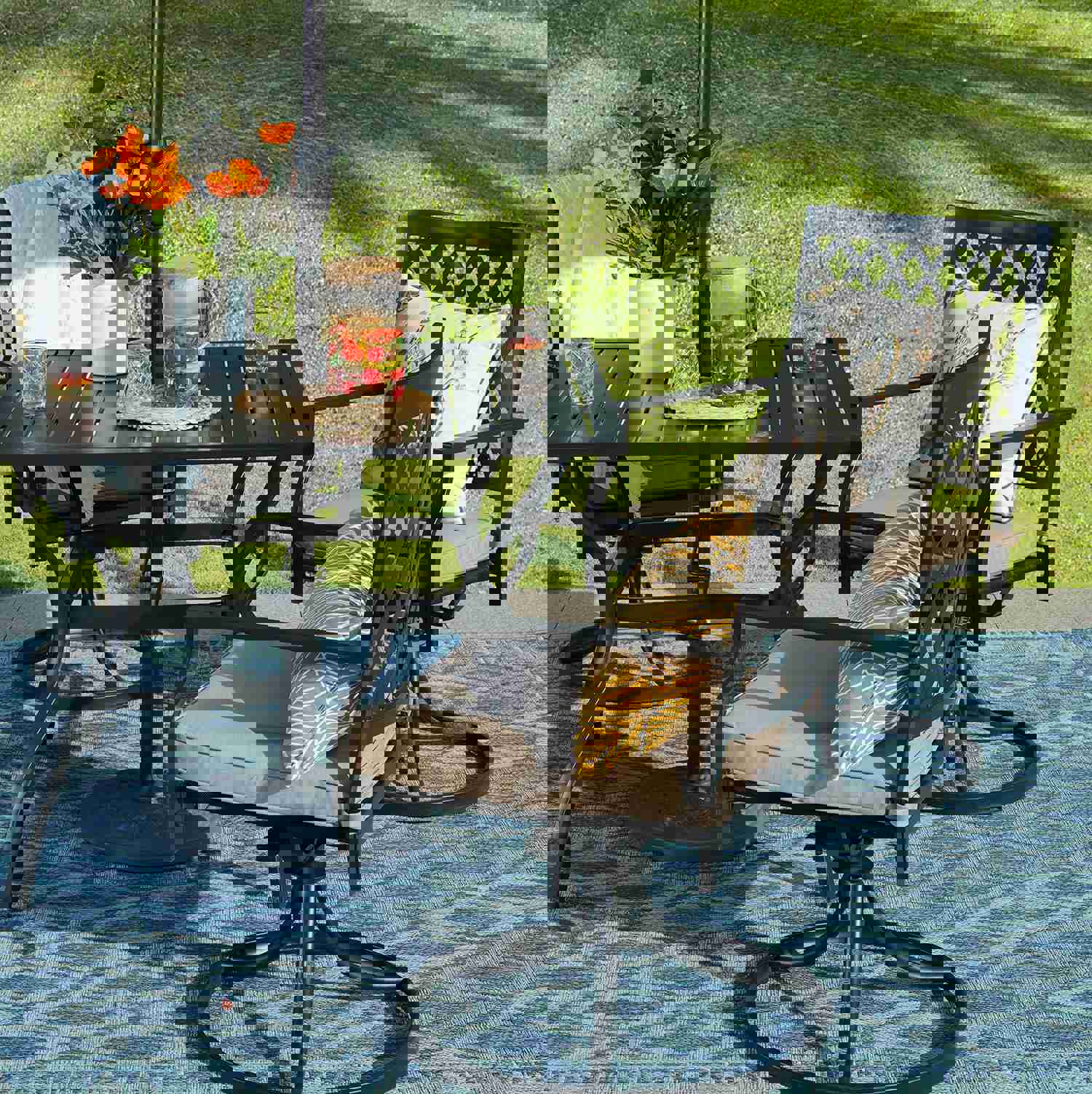 5-Piece Outdoor Dining Set with 4 Cushioned Swivel Chairs and Square Table