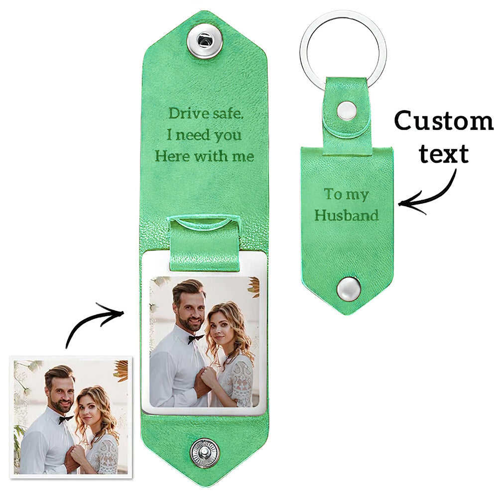 Custom Engraved Leather Photo Keychain - Personalized Anniversary & Gift Keychain