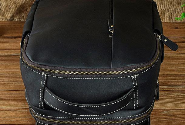 Genuine Leather Men's Cool Black Backpack for School, Travel, and Hiking
