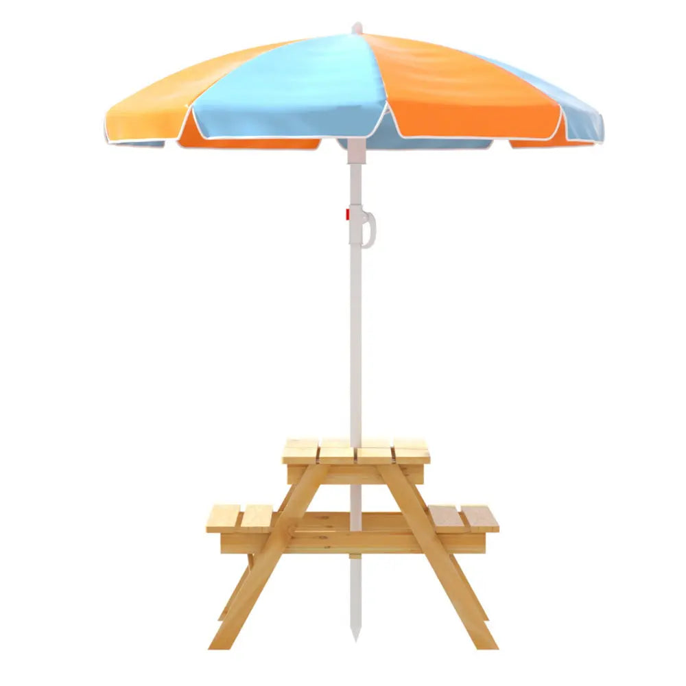 Keezi Kids Outdoor Table and Chairs Picnic Bench Set with Umbrella and Water Sand Pit Box