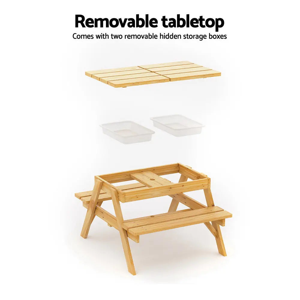 Keezi Kids Outdoor Table and Chairs Picnic Bench Set with Umbrella and Water Sand Pit Box