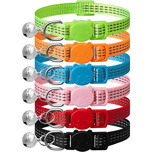 Upgraded 6 Pack Reflective Cat Collars with Bell, Breakaway Safety Kitten Collar, Adjustable 7-12 inches