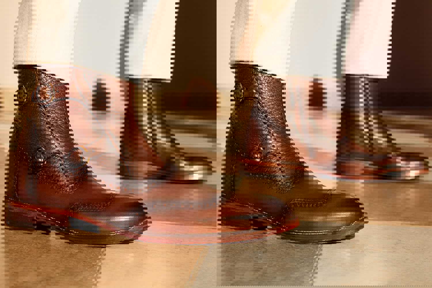 Rand Brown Leather Double Buckle Brogue Men Boot with Zipper