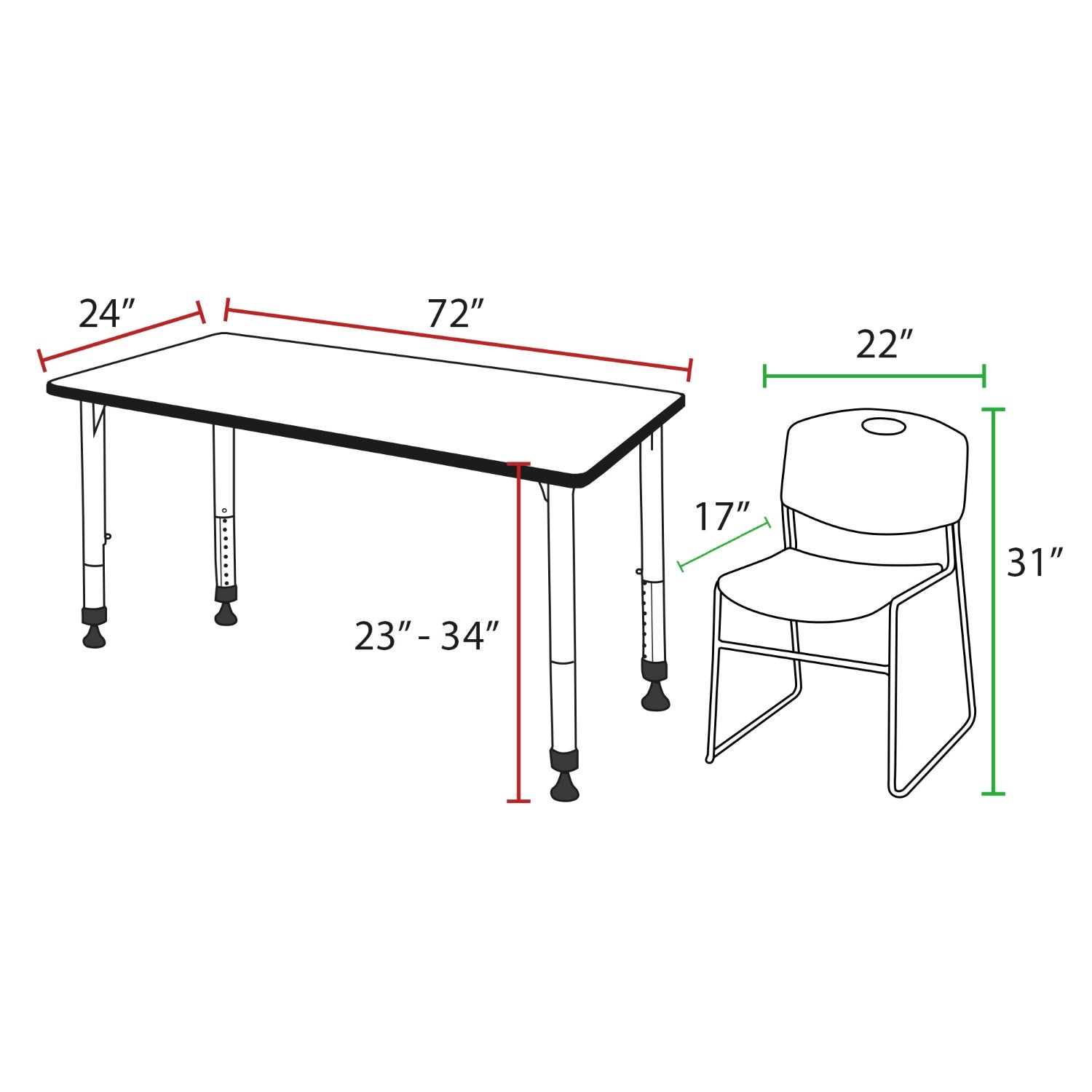 Kee Classroom Table and Chair Package - Adjustable Height Table with 2 Stack Chairs