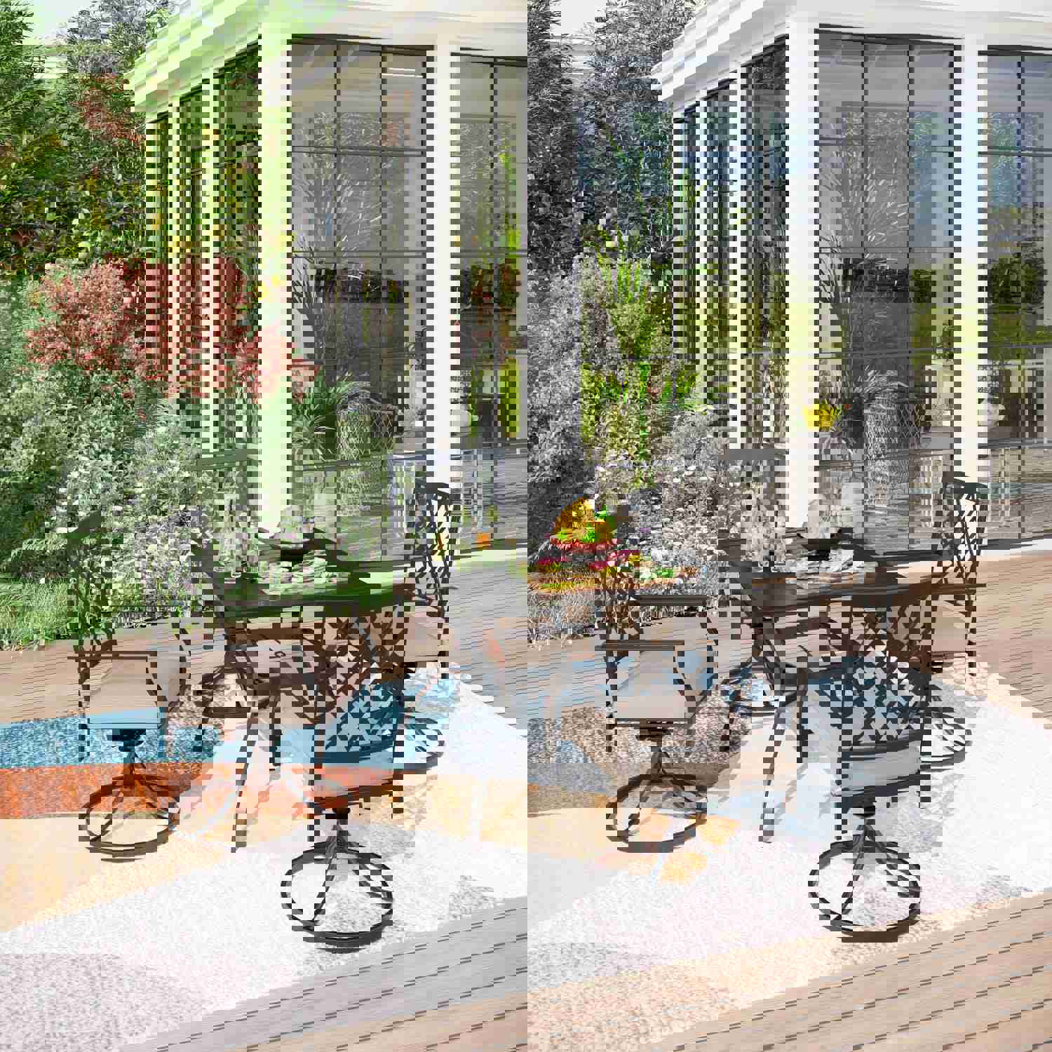 5-Piece Outdoor Dining Set with 4 Cushioned Swivel Chairs and Square Table