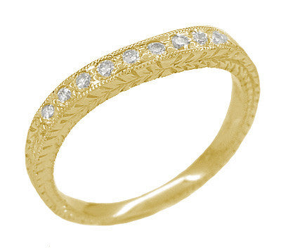 Art Deco Curved Engraved Wheat Diamond Wedding Band in 18K Yellow Gold